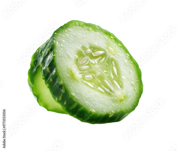 Fototapeta Fresh green cucumber slices with seeds, isolated on black