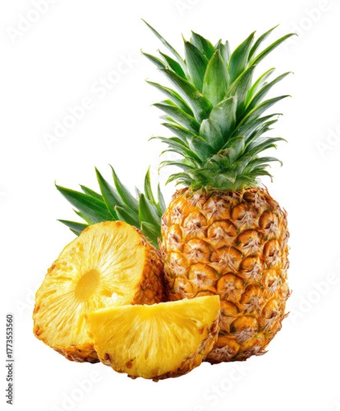 Obraz Tropical fruit with green spiky leaves, one whole, one sliced