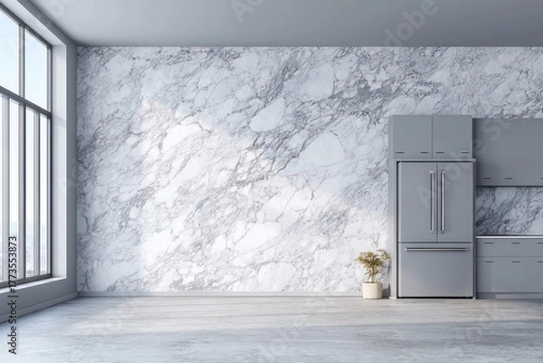 Obraz Modern kitchen interior features gray cabinets and a large window.