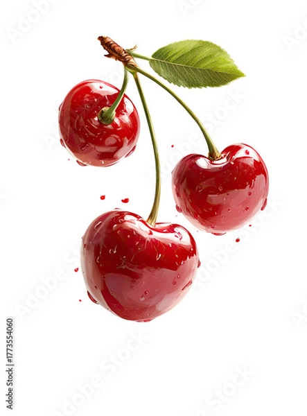Obraz Three plump, glossy red cherries hang from a branch with one leaf