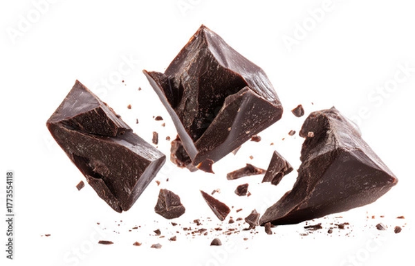 Fototapeta Dark chocolate chunks and crumbs scattered in mid-air