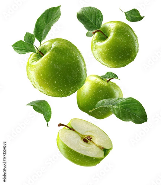 Fototapeta Four whole green apples and one half apple with leaves