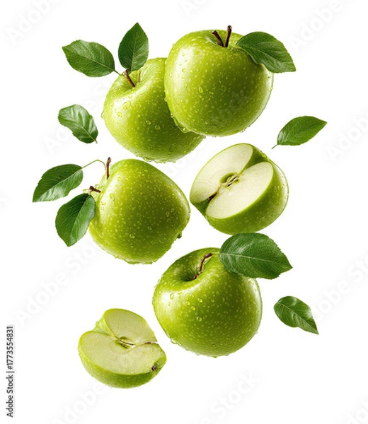 Fototapeta Several fresh, wet green apples and slices falling