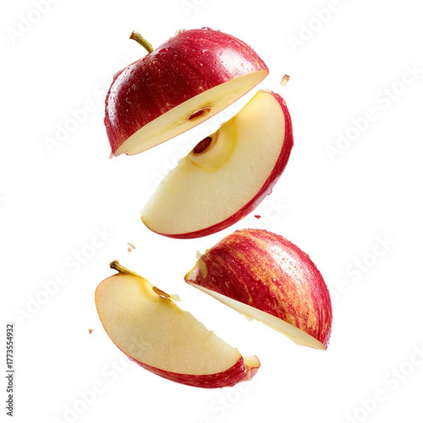Obraz Sliced red apple segments suspended against a black background