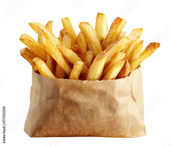 Fototapeta Golden, crisp fried potato strips overflowing from a brown paper bag