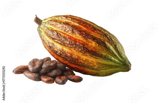 Fototapeta Ripe cacao pod with harvested beans on black background