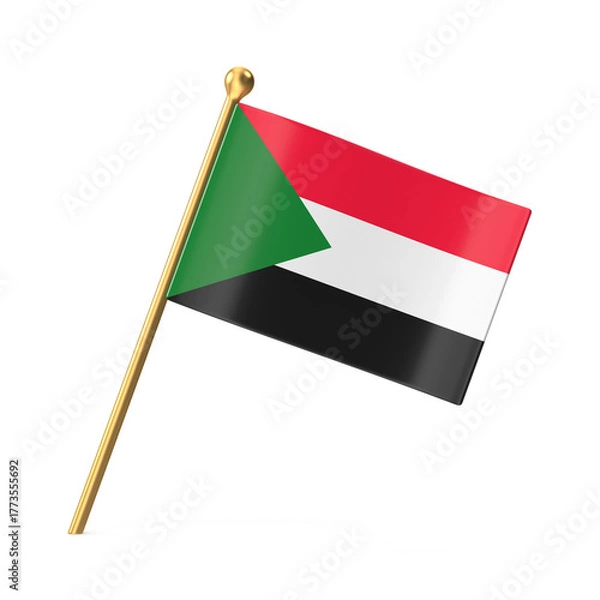 Fototapeta Sudan National Flag on Golden Pole, Realistic 3D Render