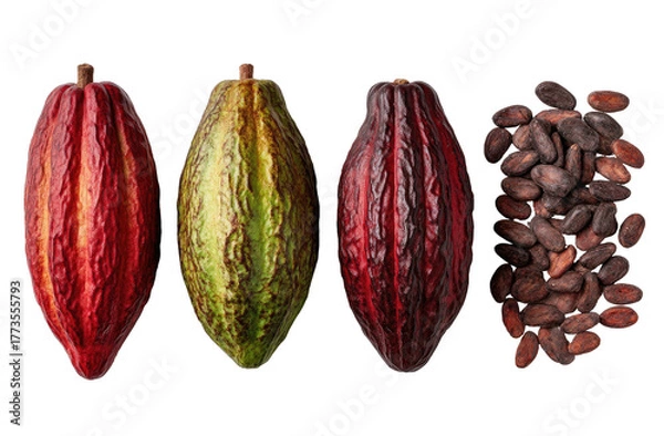 Obraz Cacao pods and beans in various stages of ripeness
