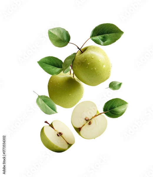 Fototapeta Fresh green apples, whole and halved, with leaves