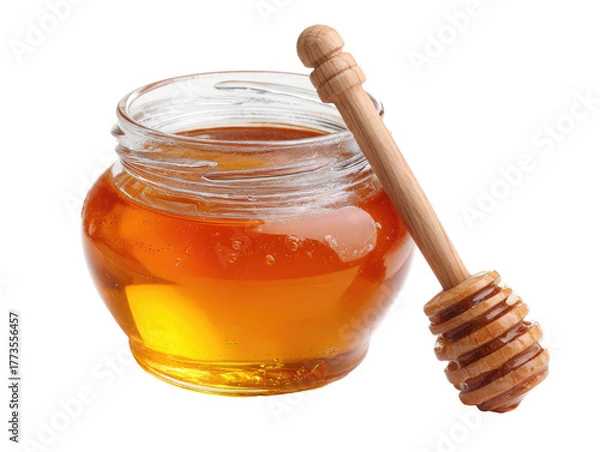 Obraz Glass jar with golden honey and wooden dipper