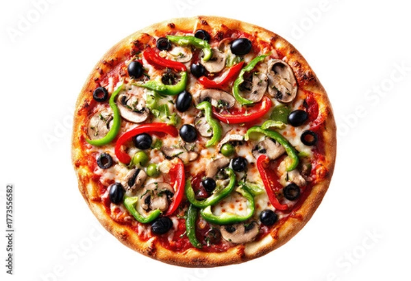 Fototapeta Freshly baked circular pizza with colorful vegetable toppings
