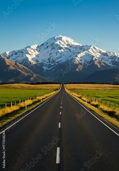 Fototapeta Scenic Open Road Leading to Majestic Snow-Capped Mountain Under Clear Blue Sky.