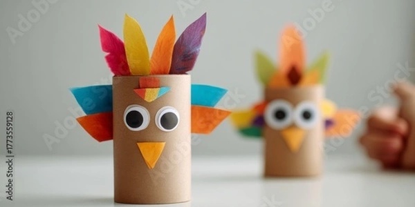 Obraz Thanksgiving turkey craft with toilet paper roll for kids and easy homemade