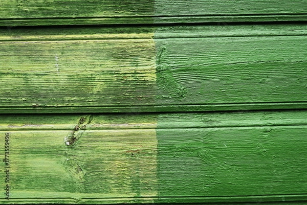Fototapeta Planches de bois peintes en vert délavées. Détail de façade de maison en bois.