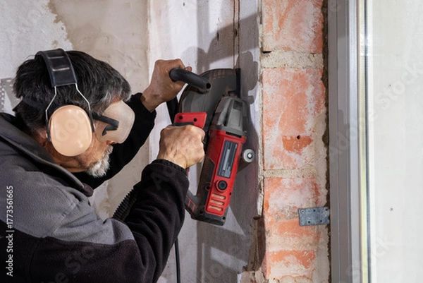 Obraz Construction Worker using a Wall Chaser to make Channels for Electric Installation