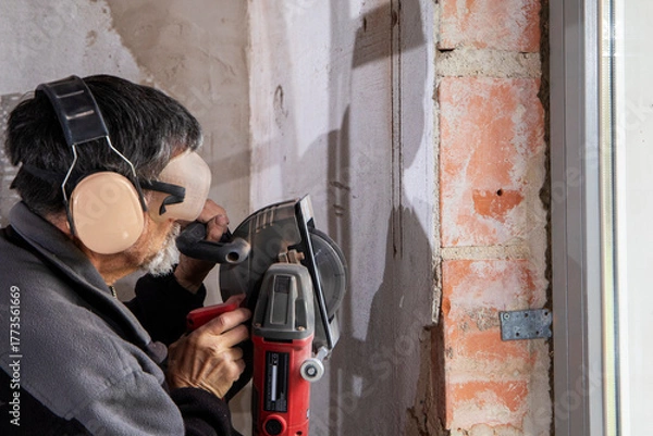 Obraz Construction Worker using a Wall Chaser to make Channels for Electric Installation