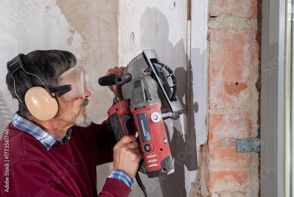 Obraz Construction Worker using a Wall Chaser to make Channels for Electric Installation