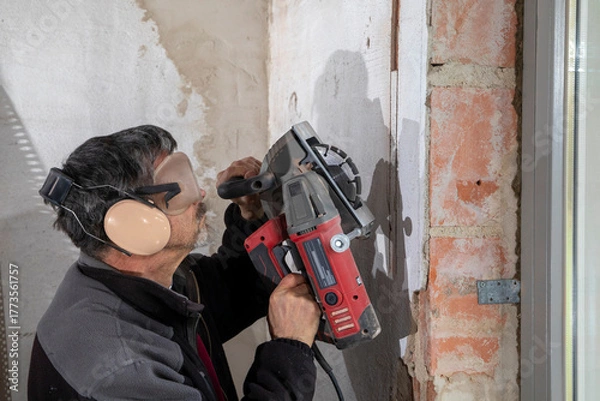 Obraz Construction Worker using a Wall Chaser to make Channels for Electric Installation