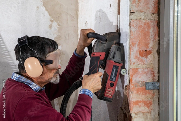 Obraz Construction Worker using a Wall Chaser to make Channels for Electric Installation