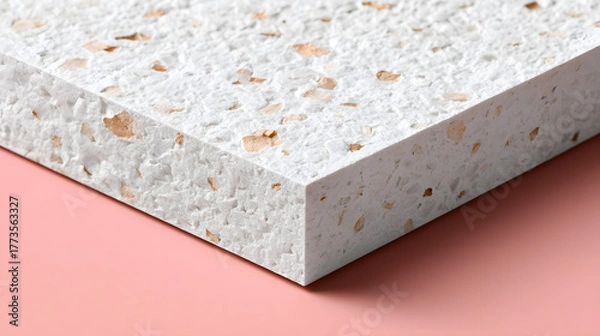 Obraz Minimalist terrazzo slab closeup texture white composite surface speckled aggregate recycled material eco design modern interior architectural detail warm chips pink background