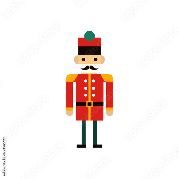Obraz A simple pixel art representation of a traditional toy soldier or christmas nutcracker figure wearing a festive red uniform, standing at attention, isolated graphic vector illustration design.