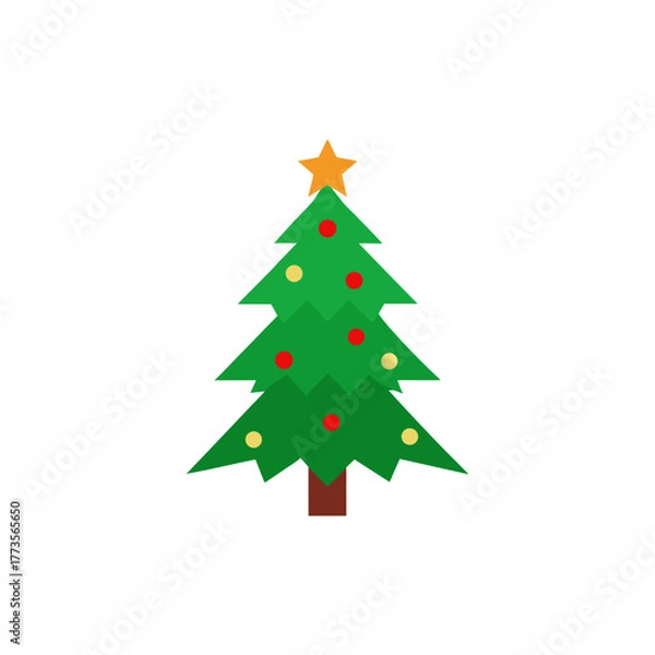 Fototapeta Stylized vector illustration of a festive christmas tree decorated with colorful baubles and topped with a bright star, conceptual holiday season and celebration graphic element.