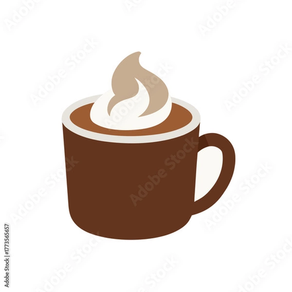 Fototapeta Flat design vector illustration icon of a cozy brown ceramic coffee mug filled with rich hot chocolate or mocha beverage, topped with sweet decorative swirling whipped cream.