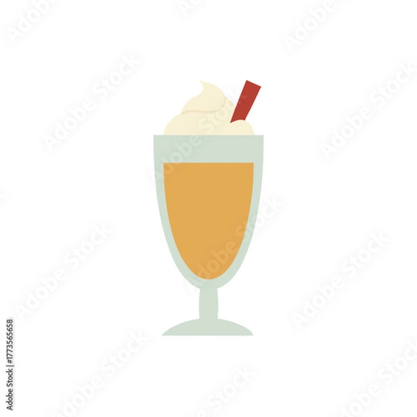 Obraz Stylized flat design icon of a dessert beverage or cocktail in a stemmed glass topped with whipped cream and a cinnamon stick, isolated on a white background for menus.