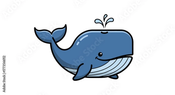 Fototapeta A cheerful blue cartoon whale smiles warmly while spouting a small splash of water, depicted in a simple and cute vector illustration style isolated on a white background.