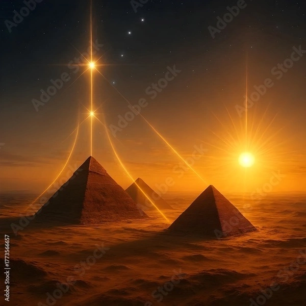Fototapeta Glowing pyramids under a golden sunset sky, with beams of light illuminating the desert landscape in a surreal atmosphere