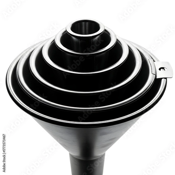 Obraz Stacked Metal Funnels on Black Background Keywords: funnel, funnels, kitchenware, cooking tool