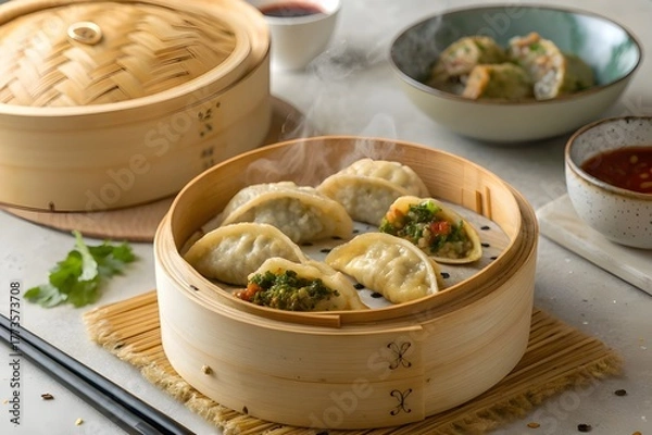 Obraz dumplings in bamboo steamer 