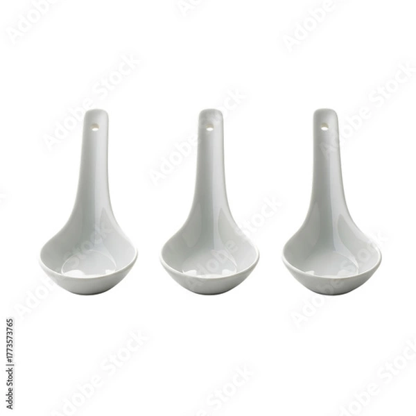 Obraz Three White Ceramic Asian Soup Spoons in a Row Keywords: ceramic spoons, soup spoons, Asian
