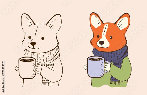 Obraz Line sketch of a corgi dog wearing a scarf, holding a coffee mug, ideal for logo or branding. Cute, playful animal illustration perfect for cozy, friendly, and approachable designs