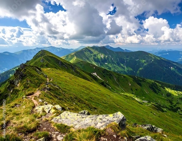 Obraz Sunny mountain ridge with lush green vegetation under puffy white clouds