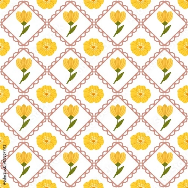 Fototapeta Seamless Retro Floral Pattern with Yellow Flowers and Pink Lattice Frame