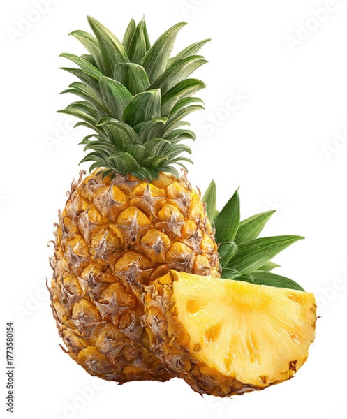 Fototapeta Juicy, ripe pineapple with a slice showing its sweet, golden flesh