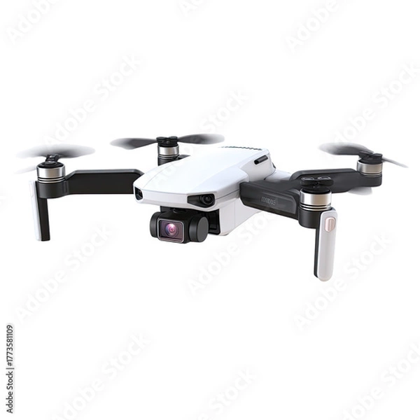 Fototapeta White drone with camera, propellers extended, black arms