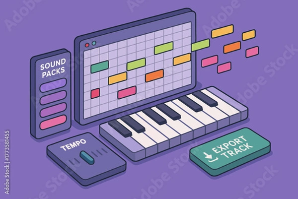 Fototapeta Digital music creation: keyboard, sound packs, tempo control, export track interface on purple