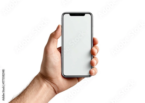 Fototapeta Hand holding a modern smartphone with a blank white screen (6)