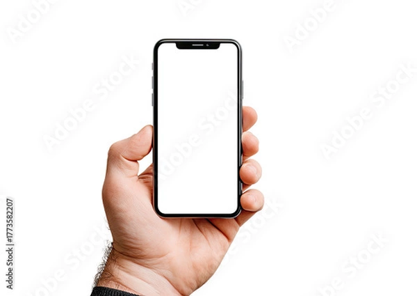Fototapeta Hand holding a modern smartphone with a blank white screen (10)