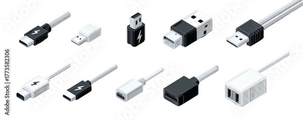 Fototapeta Various USB and USB-C adapters and cables, isolated on black