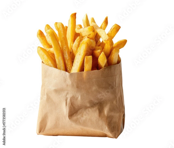 Obraz Golden brown potato fries overflowing from a kraft paper bag