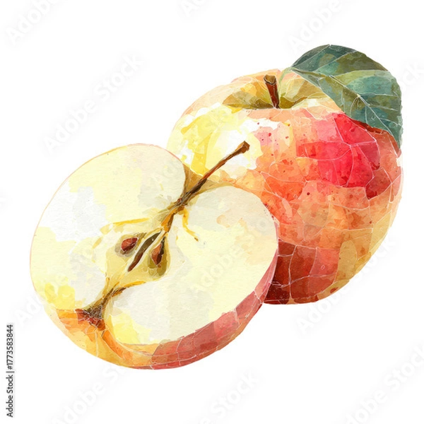 Obraz Watercolor painting of a halved and whole apple with a leaf