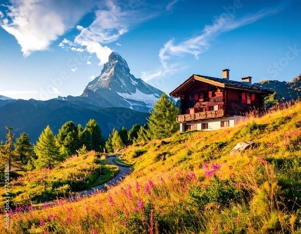 Obraz Sunny mountain scene with a chalet, flowers, and snow-capped peak