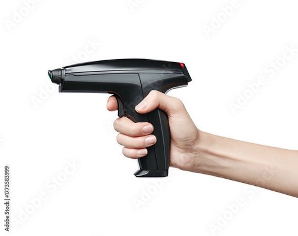 Fototapeta Futuristic phaser-like device held by a human hand against a black background