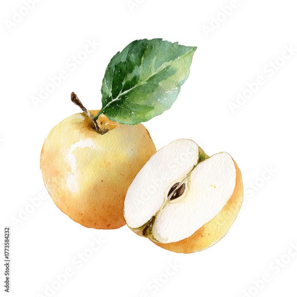 Obraz Watercolor illustration of a golden apple, whole and halved, with a leaf