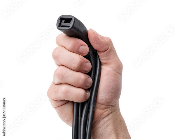 Fototapeta Hand holding a coiled black cable with a connector end