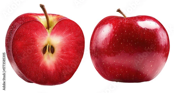 Fototapeta A bright red apple cut in half, showing seeds and flesh