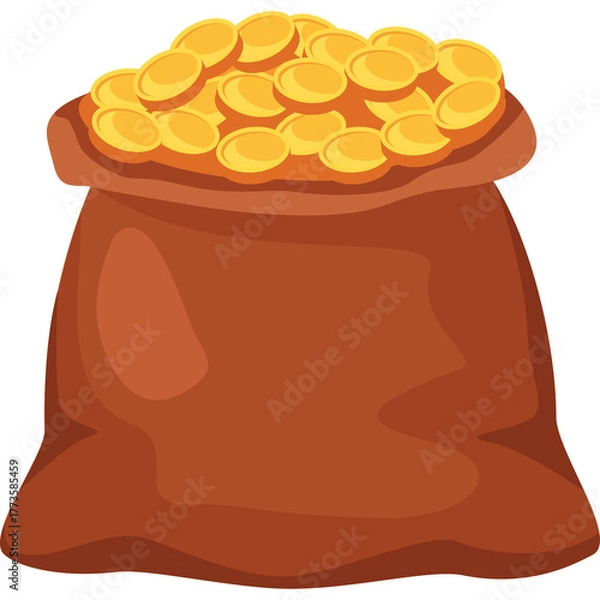 Fototapeta A brown burlap sack overflowing with shiny golden coins against a transparent background symbolizing wealth and treasure